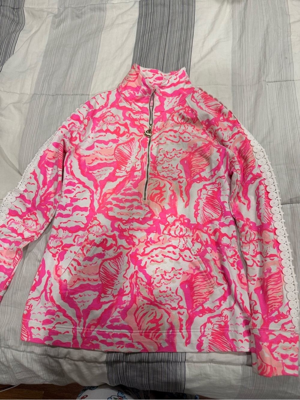 Lilly Pulitzer Pink and White Shell-Print Quarter-Zip Pullover